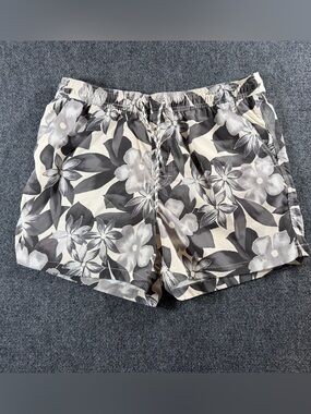 American Eagle Swim Trunks L Gray Floral Aloha Beach Tropical Lined Shorts 5"
